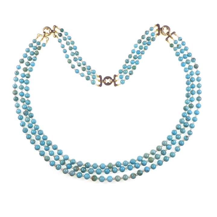 Turquoise bead and seed pearl three-row necklace, converting to a shorter necklace and bracelet,